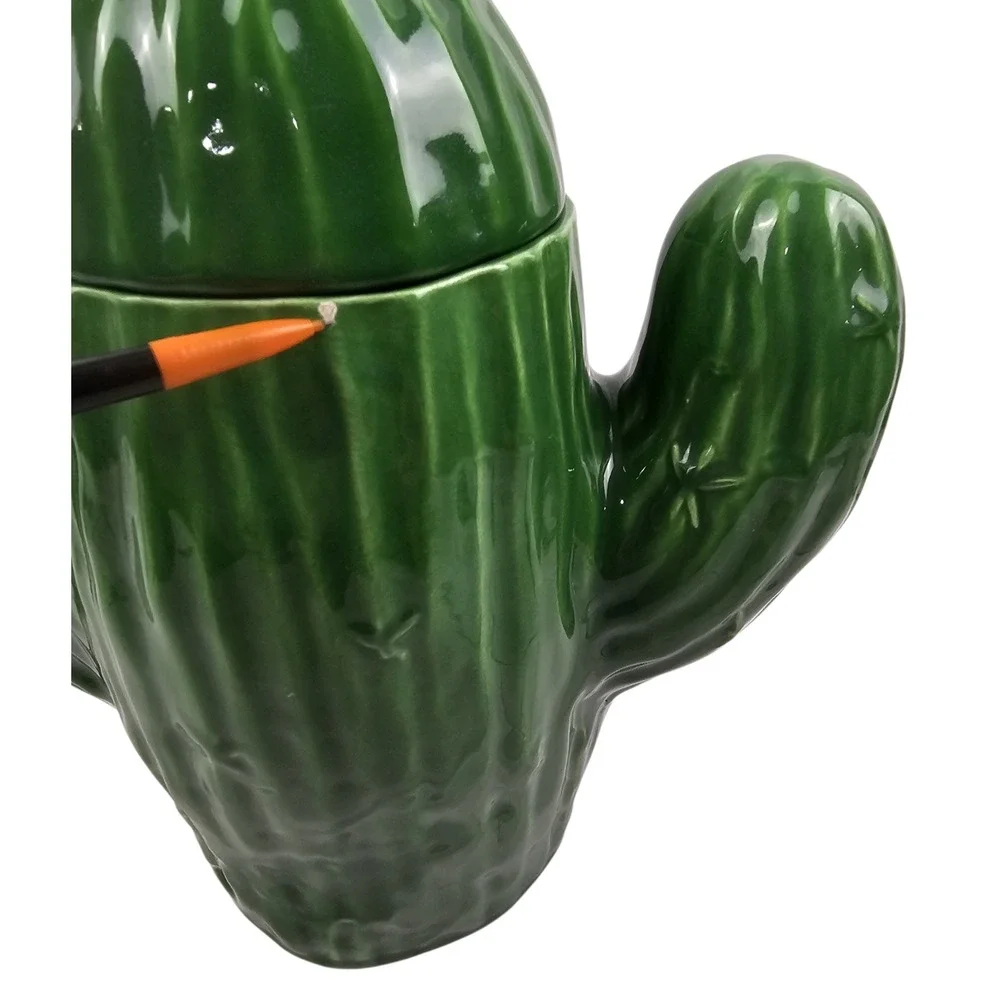 Green Ceramic Cactus Cookie Jar Pink Flower Lid Saguaro Desert Kitchen Decor